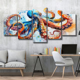 Octopus Watercolor Painting Mixed Color Art, Mixed 5 Panel Canvas Print Wall Art Home Decor, Large Canvas Painting