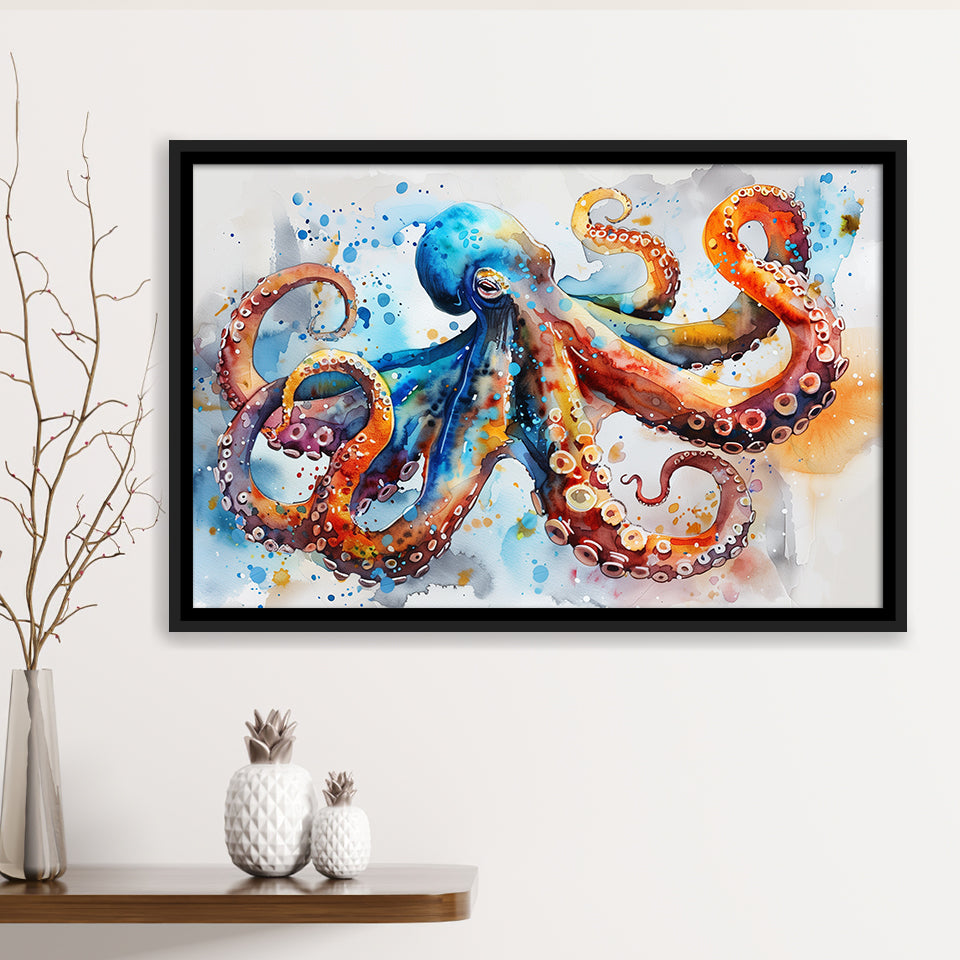 Octopus Watercolor Painting Mixed Color Art, Framed Canvas Print Wall Art Decor, Floating Frame Painting Canvas