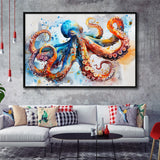 Octopus Watercolor Painting Mixed Color Art, Framed Canvas Print Wall Art Decor, Floating Frame Painting Canvas