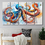 Octopus Watercolor Painting Mixed Color Art, Mixed 5 Panel B Canvas Print Wall Art Decor, Extra Large Painting Canvas