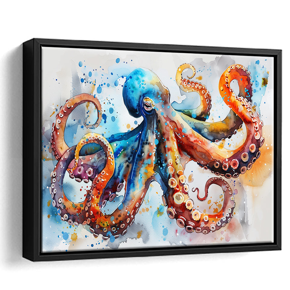 Octopus Watercolor Painting Mixed Color Art, Framed Canvas Print Wall Art Decor, Floating Frame Painting Canvas