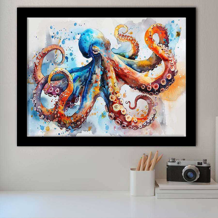 Octopus Watercolor Painting Mixed Color Art, Framed Art Print Wall Decor, Picture Framed Painting Art