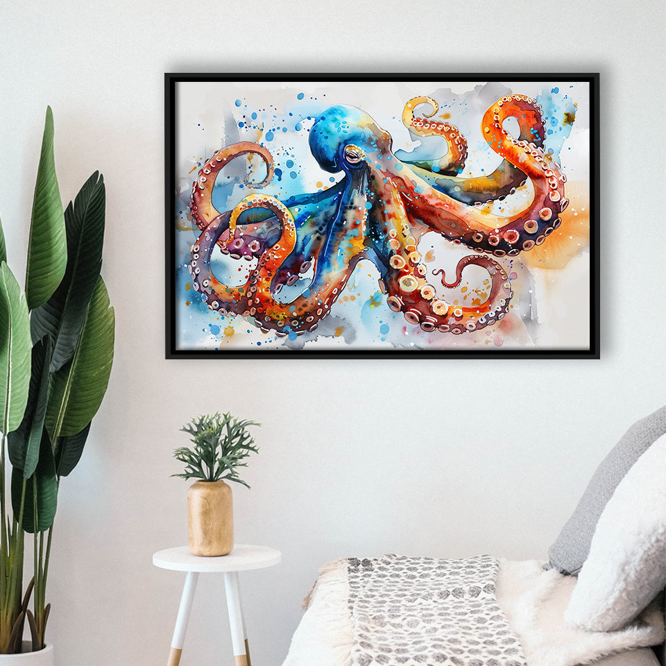 Octopus Watercolor Painting Mixed Color Art, Framed Canvas Print Wall Art Decor, Floating Frame Painting Canvas