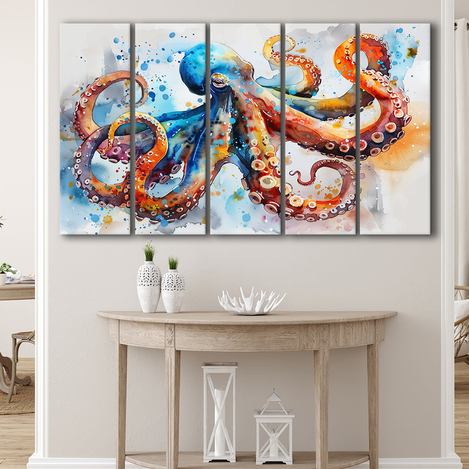 Octopus Watercolor Painting Mixed Color Art, Mixed 5 Panel B Canvas Print Wall Art Decor, Extra Large Painting Canvas