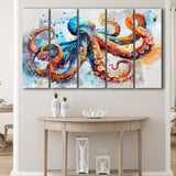 Octopus Watercolor Painting Mixed Color Art, Mixed 5 Panel B Canvas Print Wall Art Decor, Extra Large Painting Canvas