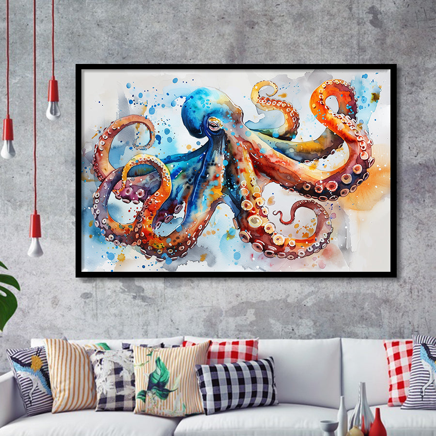 Octopus Watercolor Painting Mixed Color Art, Framed Art Print Wall Decor, Picture Framed Painting Art
