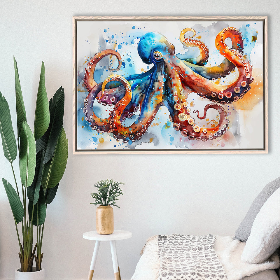 Octopus Watercolor Painting Mixed Color Art, Framed Canvas Print Wall Art Decor, Floating Frame Painting Canvas