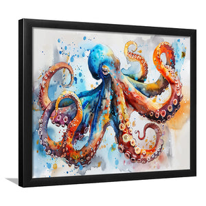Octopus Watercolor Painting Mixed Color Art, Framed Art Print Wall Decor, Picture Framed Painting Art