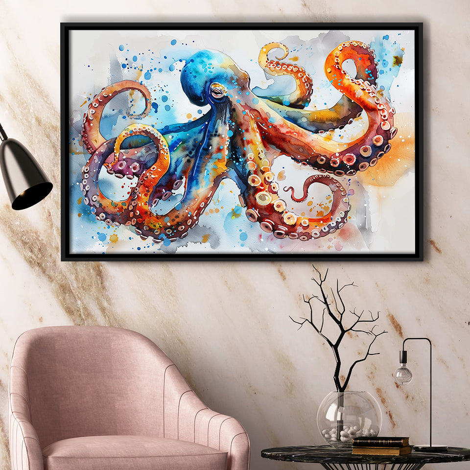 Octopus Watercolor Painting Mixed Color Art, Framed Canvas Print Wall Art Decor, Floating Frame Painting Canvas