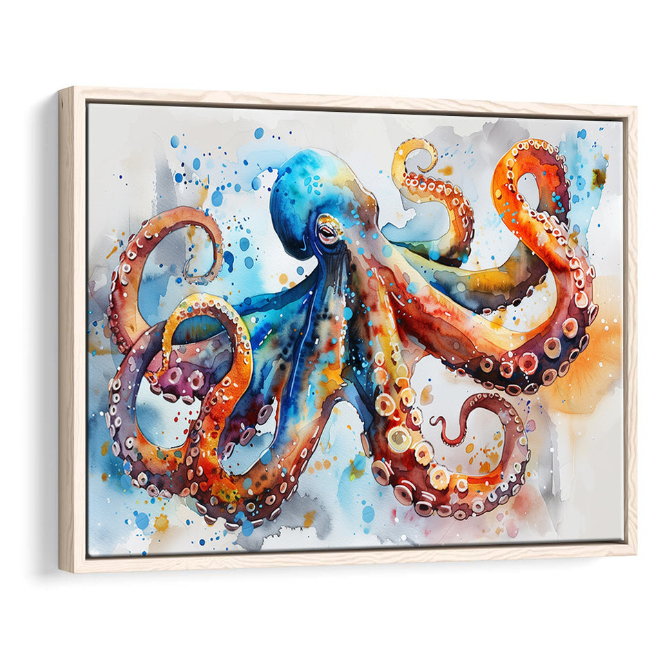 Octopus Watercolor Painting Mixed Color Art, Framed Canvas Print Wall Art Decor, Floating Frame Painting Canvas