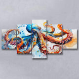 Octopus Watercolor Painting Mixed Color Art, Mixed 5 Panel Canvas Print Wall Art Home Decor, Large Canvas Painting