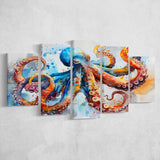 Octopus Watercolor Painting Mixed Color Art, Mixed 5 Panel Canvas Print Wall Art Home Decor, Large Canvas Painting