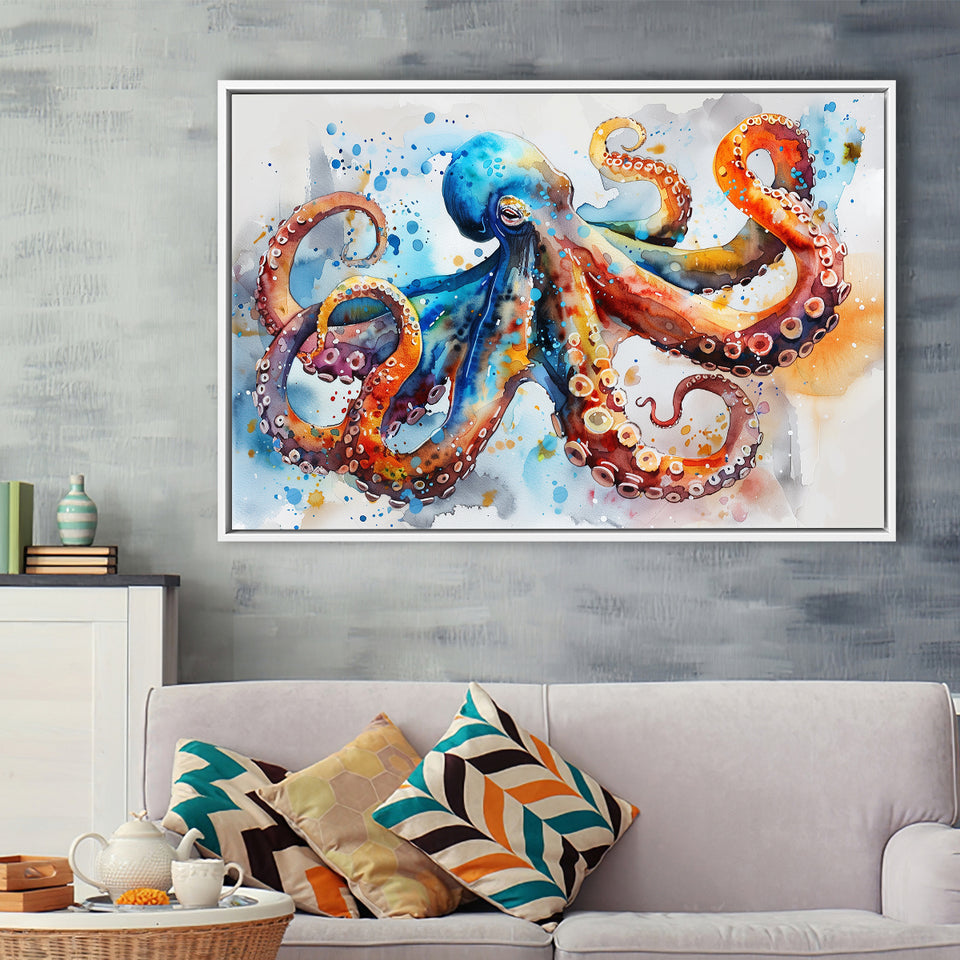 Octopus Watercolor Painting Mixed Color Art, Framed Canvas Print Wall Art Decor, Floating Frame Painting Canvas