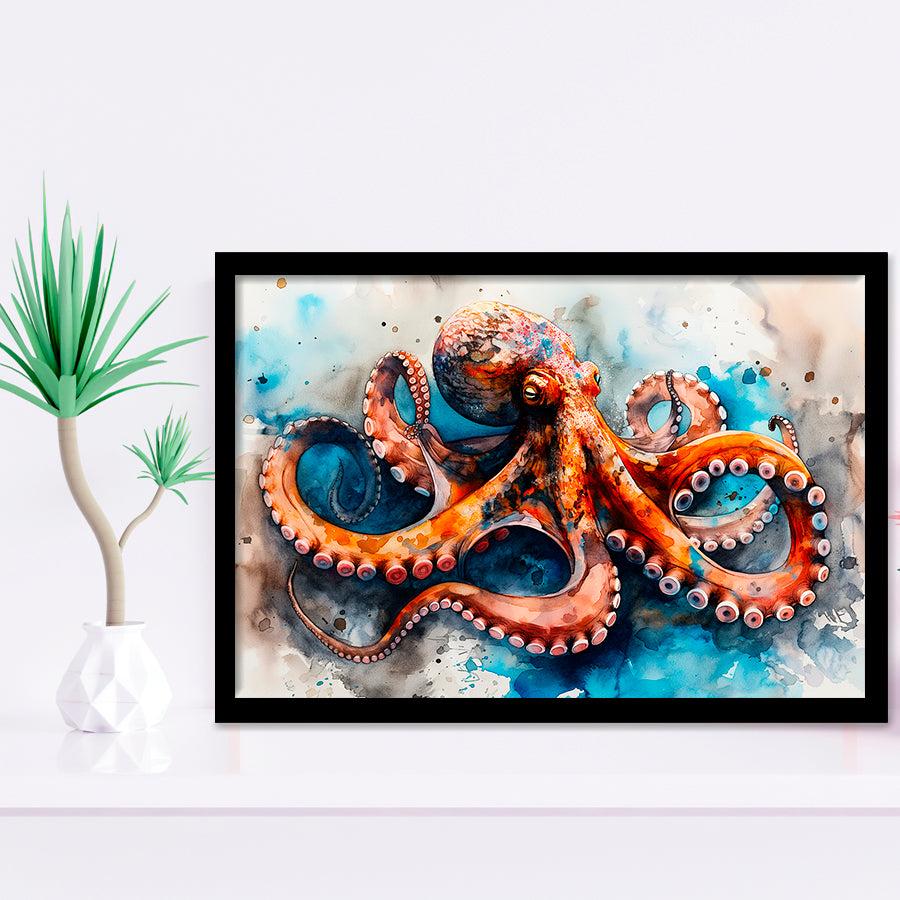 Octopus Watercolor Painting Mixed Color V1, Framed Art Print Wall Decor, Framed Picture