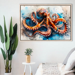 Octopus Watercolor Painting Mixed Color V1, Framed Canvas Painting, Framed Canvas Prints Wall Art Decor