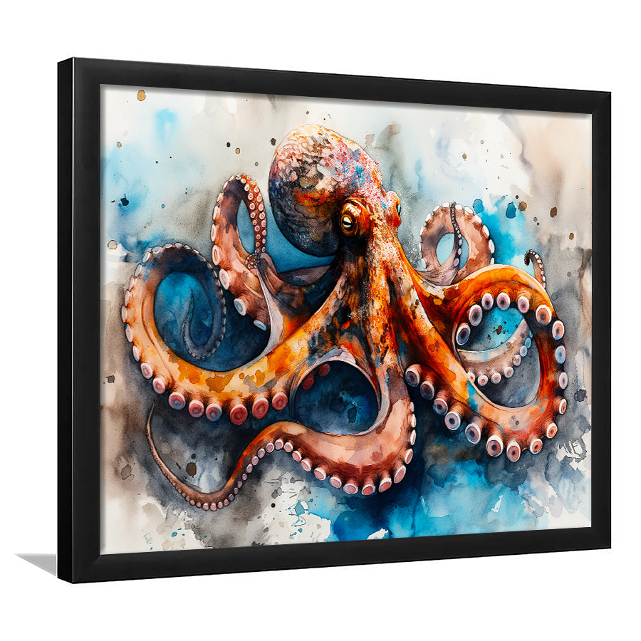 Octopus Watercolor Painting Mixed Color V1, Framed Art Print Wall Decor, Framed Picture