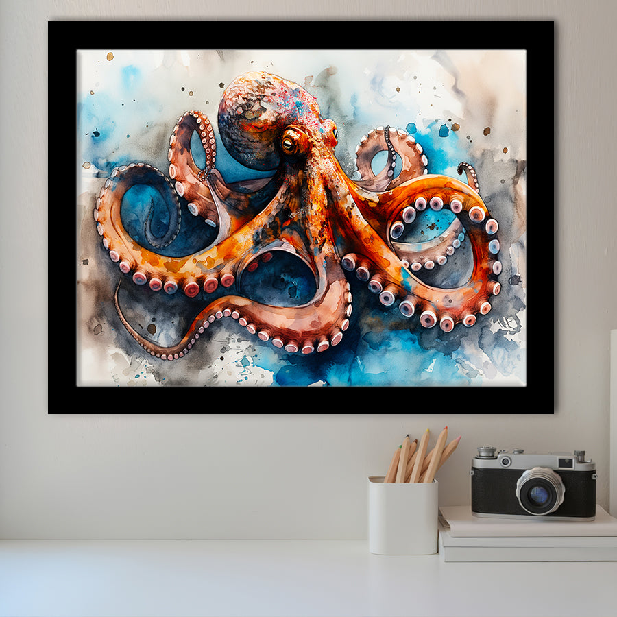 Octopus Watercolor Painting Mixed Color V1, Framed Art Print Wall Decor, Framed Picture