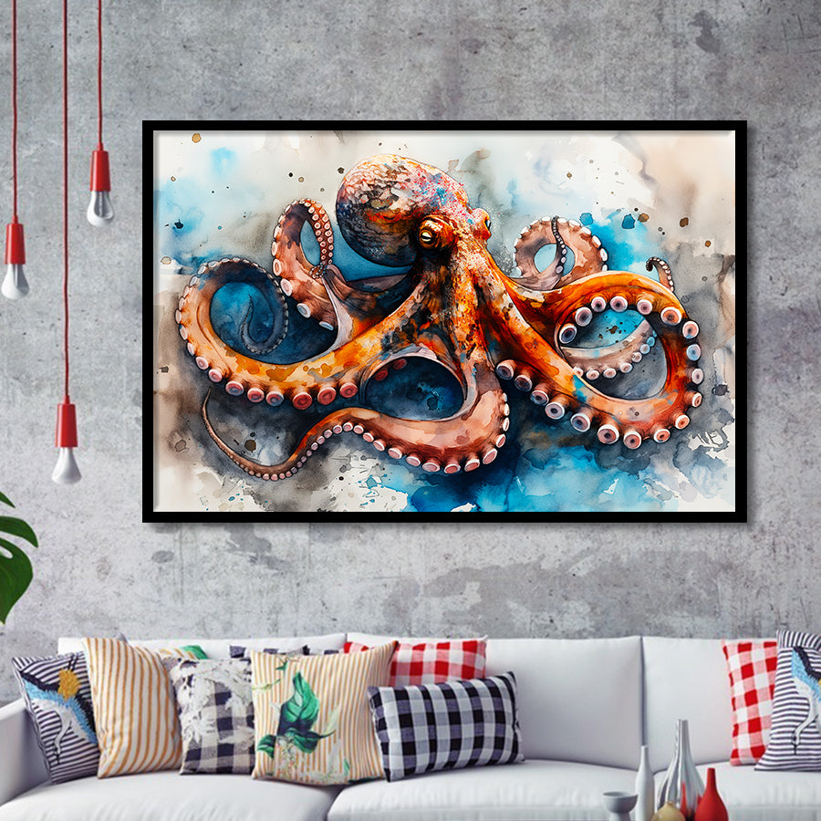 Octopus Watercolor Painting Mixed Color V1, Framed Art Print Wall Decor, Framed Picture
