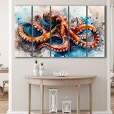 Octopus Watercolor Painting Mixed Color V1, 5 Panels Extra Large Canvas, Canvas Prints Wall Art Decor