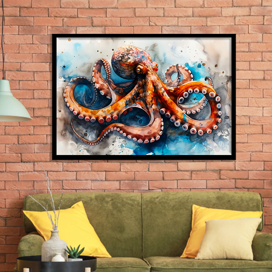 Octopus Watercolor Painting Mixed Color V1, Framed Art Print Wall Decor, Framed Picture
