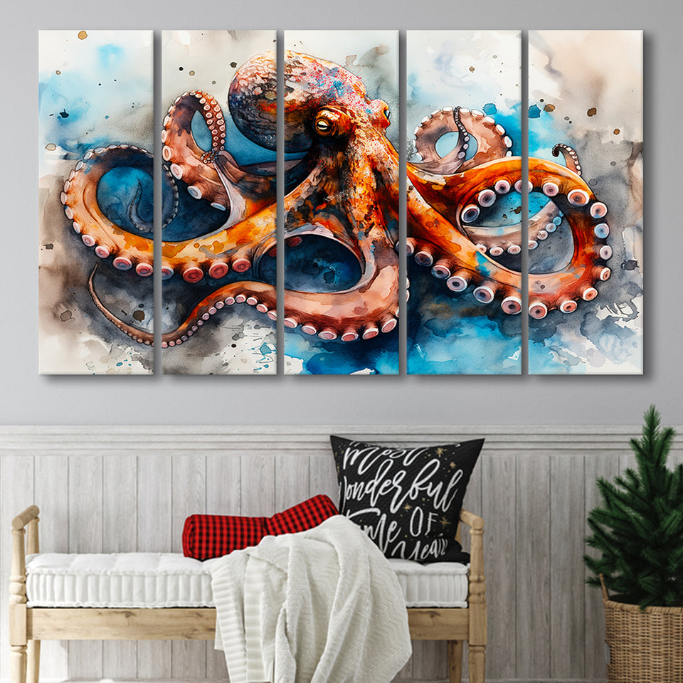 Octopus Watercolor Painting Mixed Color V1, 5 Panels Extra Large Canvas, Canvas Prints Wall Art Decor