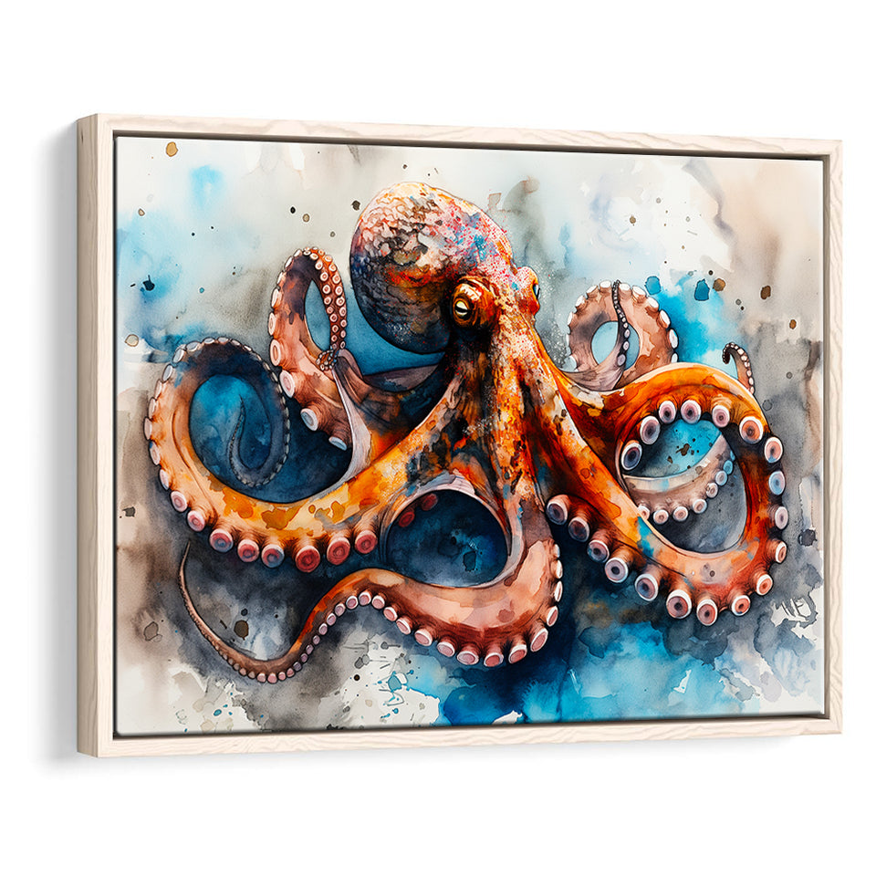 Octopus Watercolor Painting Mixed Color V1, Framed Canvas Painting, Framed Canvas Prints Wall Art Decor