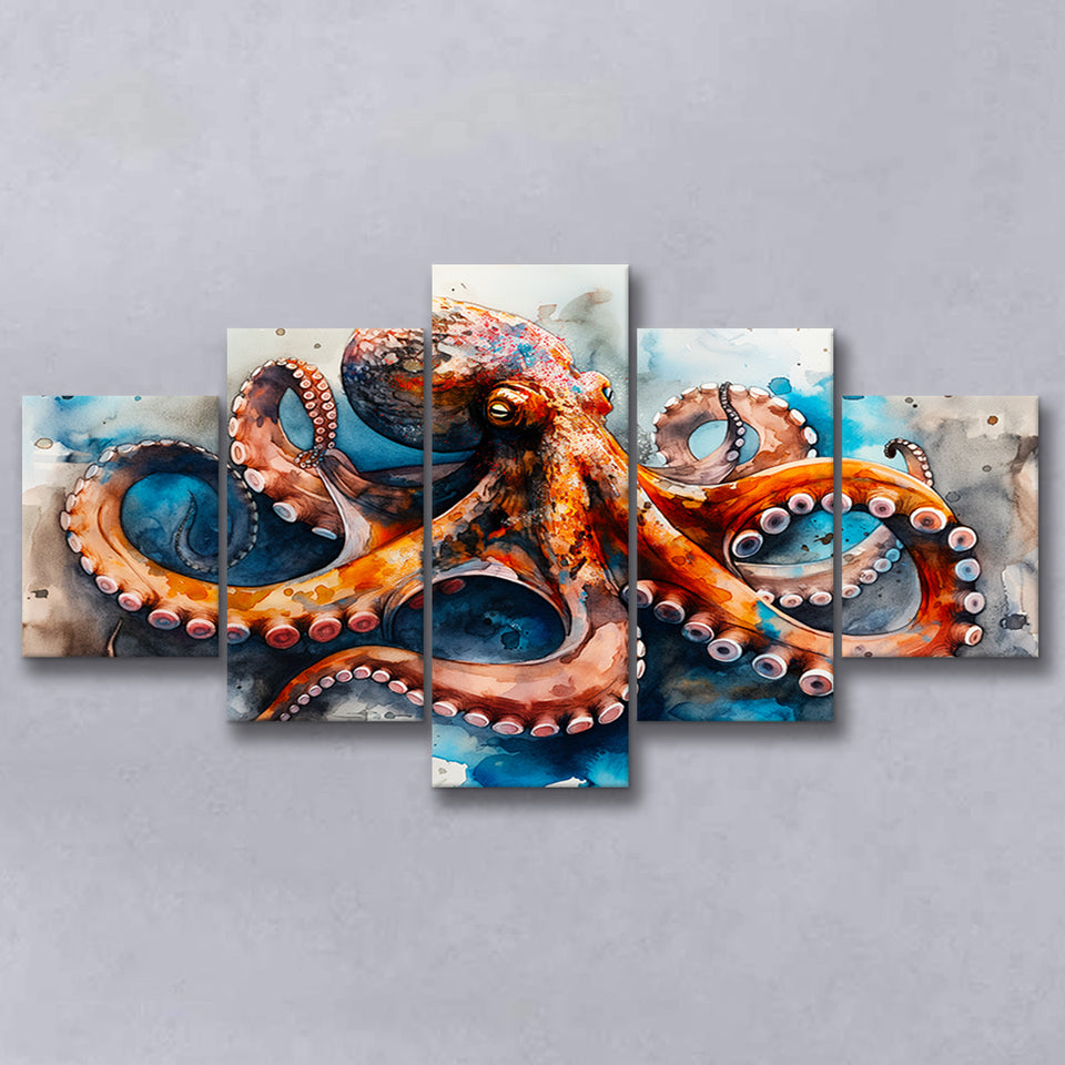 Octopus Watercolor Painting Mixed Color V1, 5 Panels Mixed Large Canvas, Canvas Prints Wall Art Decor