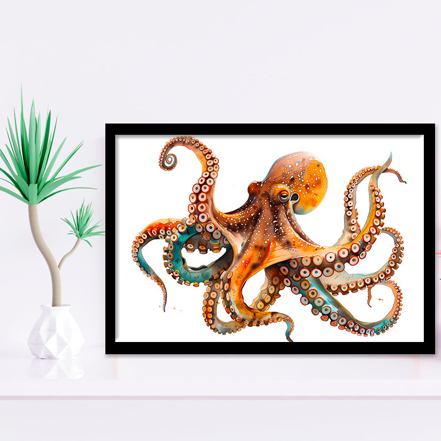 Octopus Watercolor Painting V2, Framed Art Print Wall Decor, Framed Picture