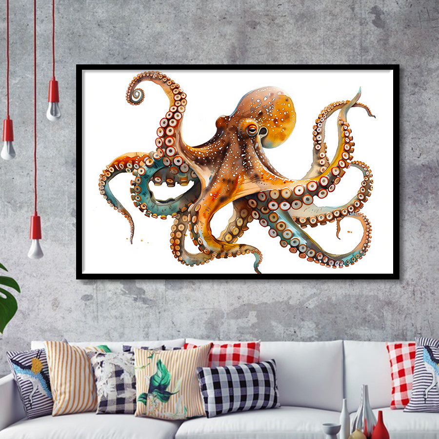 Octopus Watercolor Painting V2, Framed Art Print Wall Decor, Framed Picture