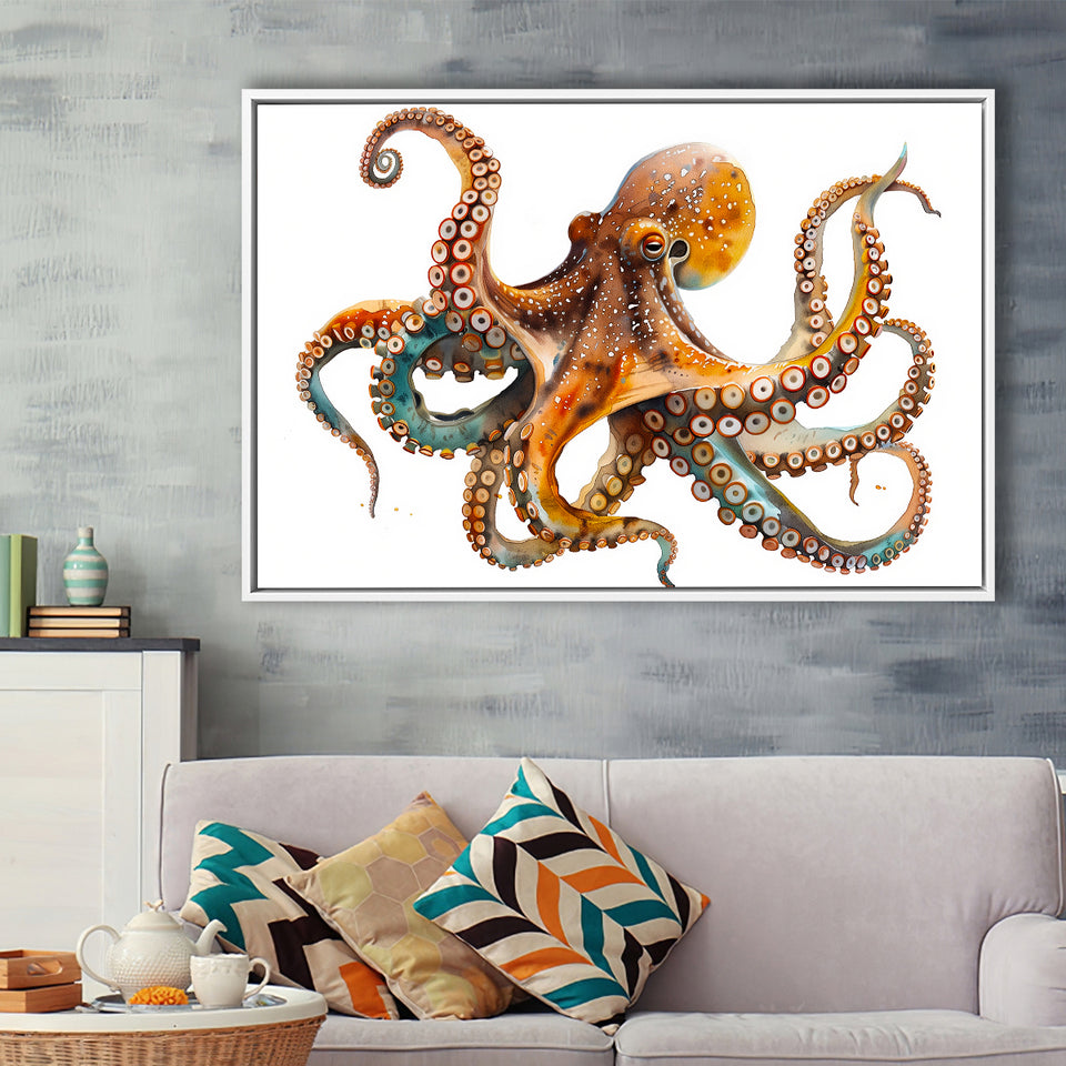 Octopus Watercolor Painting V2, Framed Canvas Painting, Framed Canvas Prints Wall Art Decor