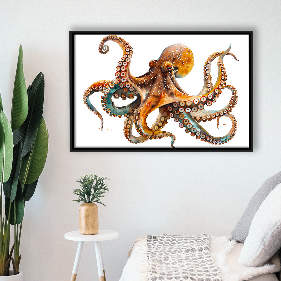 Octopus Watercolor Painting V2, Framed Canvas Painting, Framed Canvas Prints Wall Art Decor