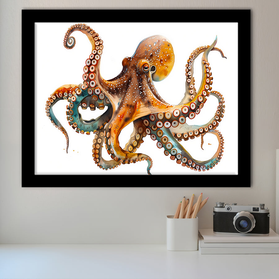 Octopus Watercolor Painting V2, Framed Art Print Wall Decor, Framed Picture