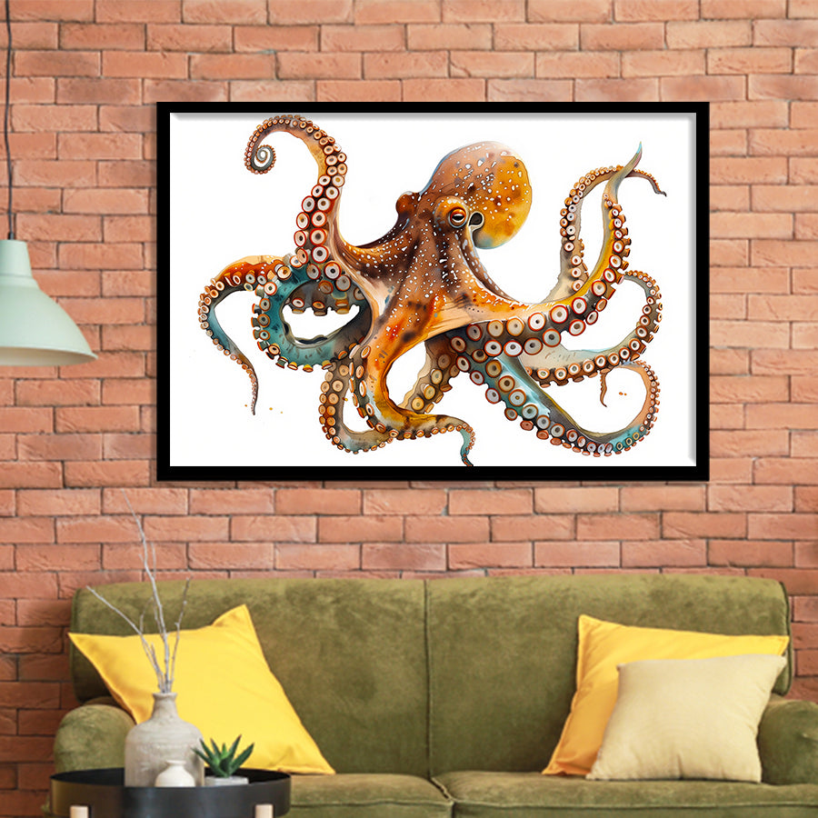 Octopus Watercolor Painting V2, Framed Art Print Wall Decor, Framed Picture