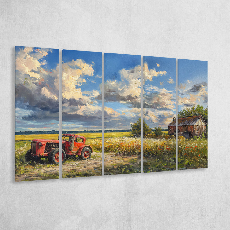 Oil Painting Clouds Over The Backyard And Old Tractor, Extra Large Canvas, Canvas Print Wall Art Decor