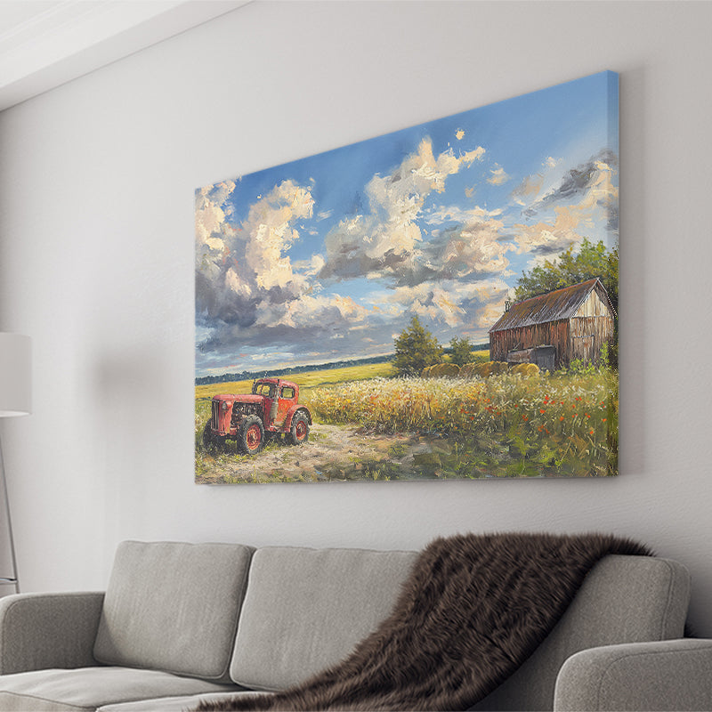 Oil Painting Clouds Over The Backyard And Old Tractor, Art Print, Canvas Print Wall Art Home Decor