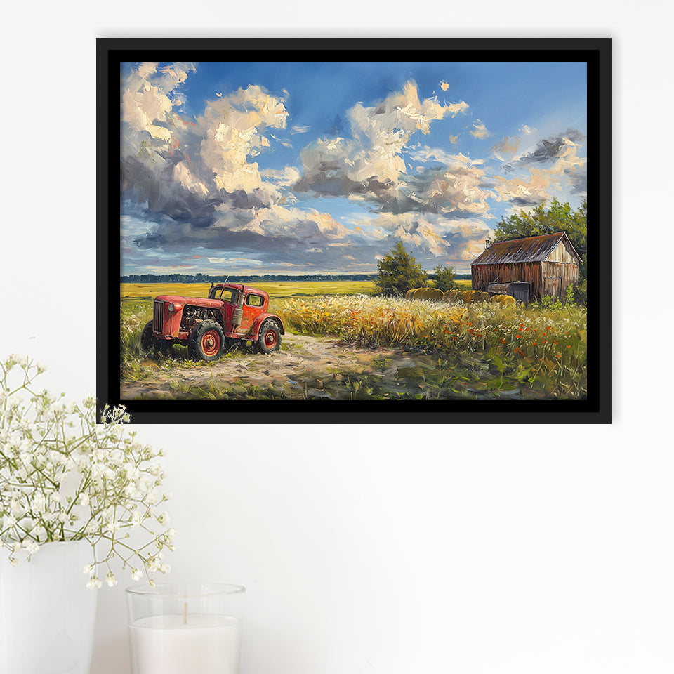 Oil Painting Clouds Over The Backyard And Old Tractor, Floating Frame, Framed Canvas Print Wall Art Home Decor