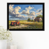 Oil Painting Clouds Over The Backyard And Old Tractor, Floating Frame, Framed Canvas Print Wall Art Home Decor