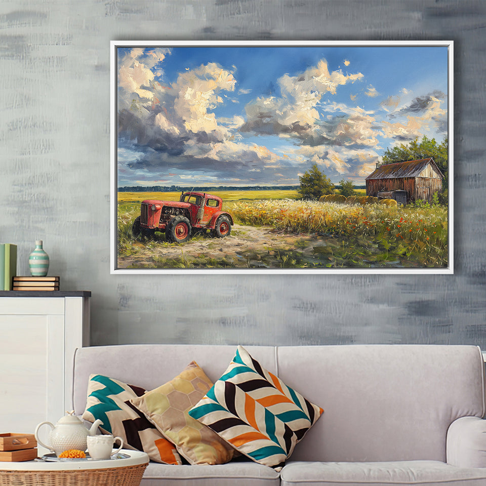 Oil Painting Clouds Over The Backyard And Old Tractor, Floating Frame, Framed Canvas Print Wall Art Home Decor