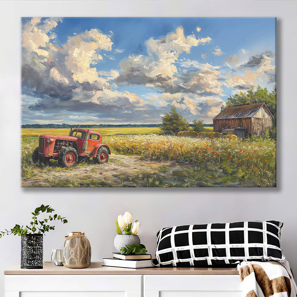 Oil Painting Clouds Over The Backyard And Old Tractor, Art Print, Canvas Print Wall Art Home Decor