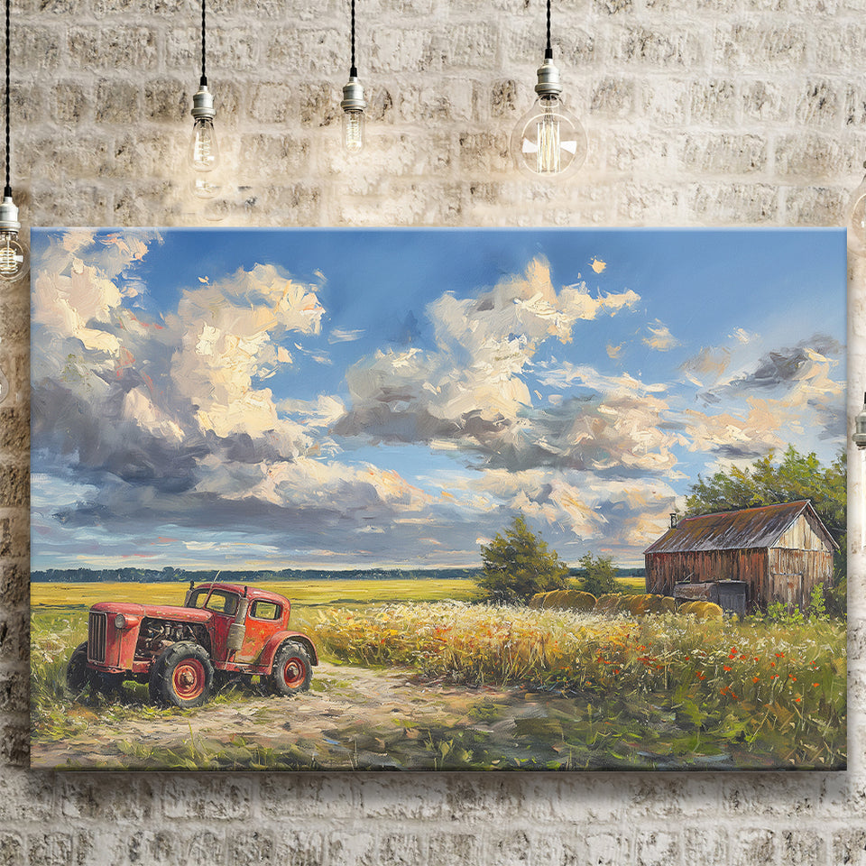 Oil Painting Clouds Over The Backyard And Old Tractor, Art Print, Canvas Print Wall Art Home Decor
