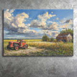 Oil Painting Clouds Over The Backyard And Old Tractor, Art Print, Canvas Print Wall Art Home Decor