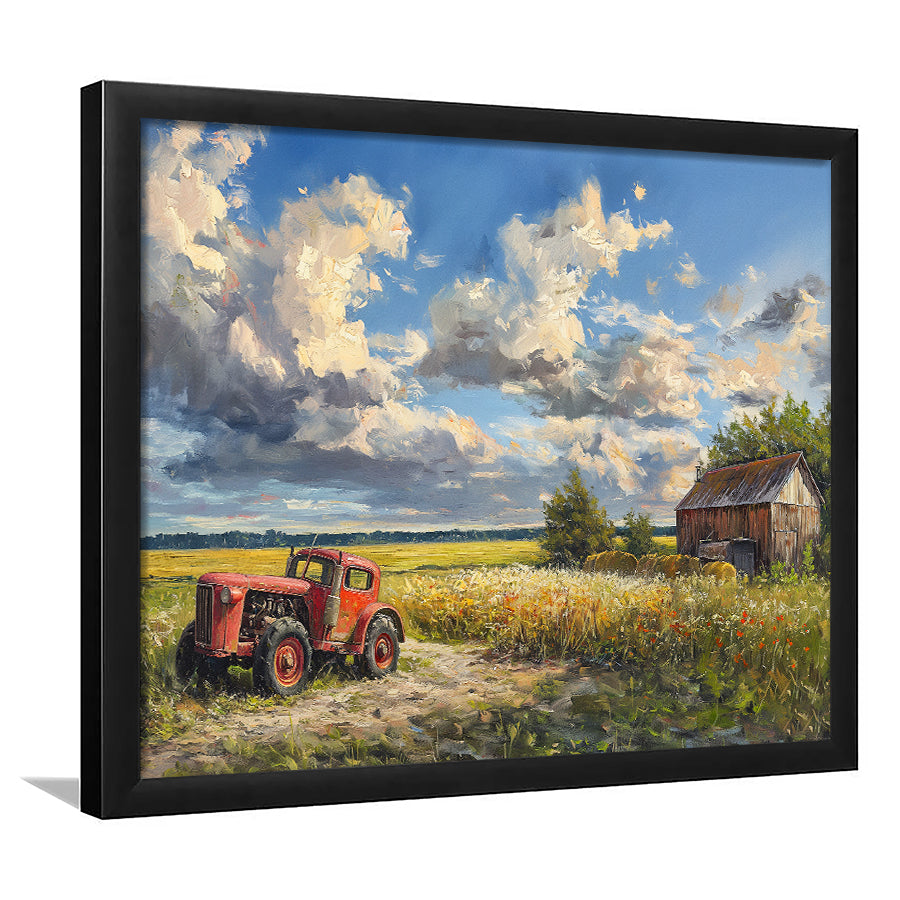 Oil Painting Clouds Over The Backyard And Old Tractor, Painting Art, Framed Art Print Wall Art Home Decor