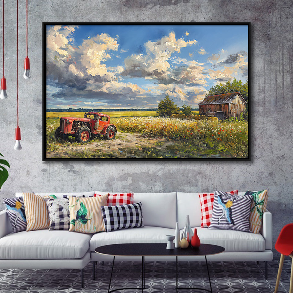 Oil Painting Clouds Over The Backyard And Old Tractor, Floating Frame, Framed Canvas Print Wall Art Home Decor