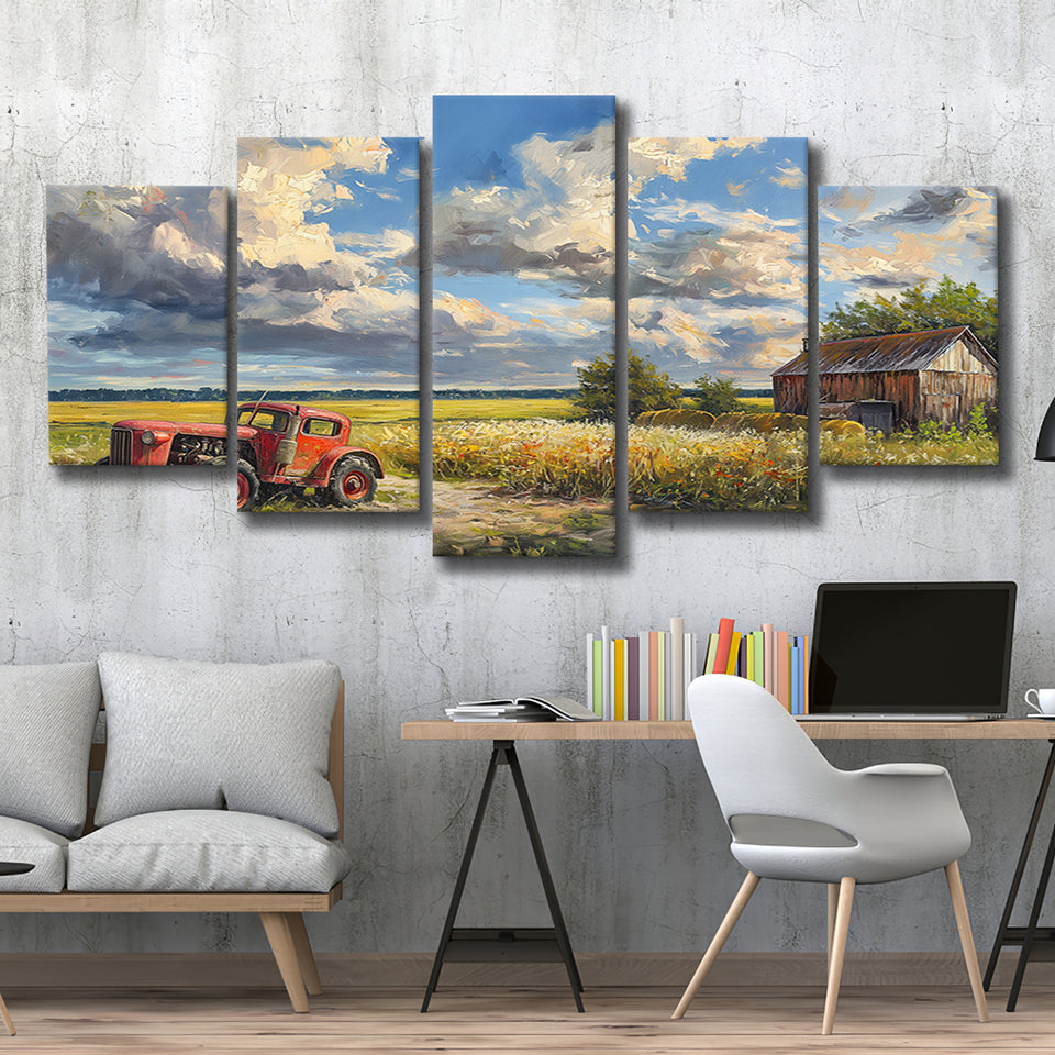Oil Painting Clouds Over The Backyard And Old Tractor, Multi Panel,Mixed Canvas Print Wall Art Decor