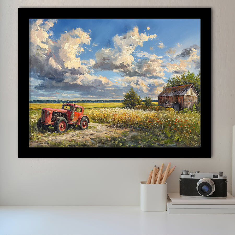 Oil Painting Clouds Over The Backyard And Old Tractor, Painting Art, Framed Art Print Wall Art Home Decor