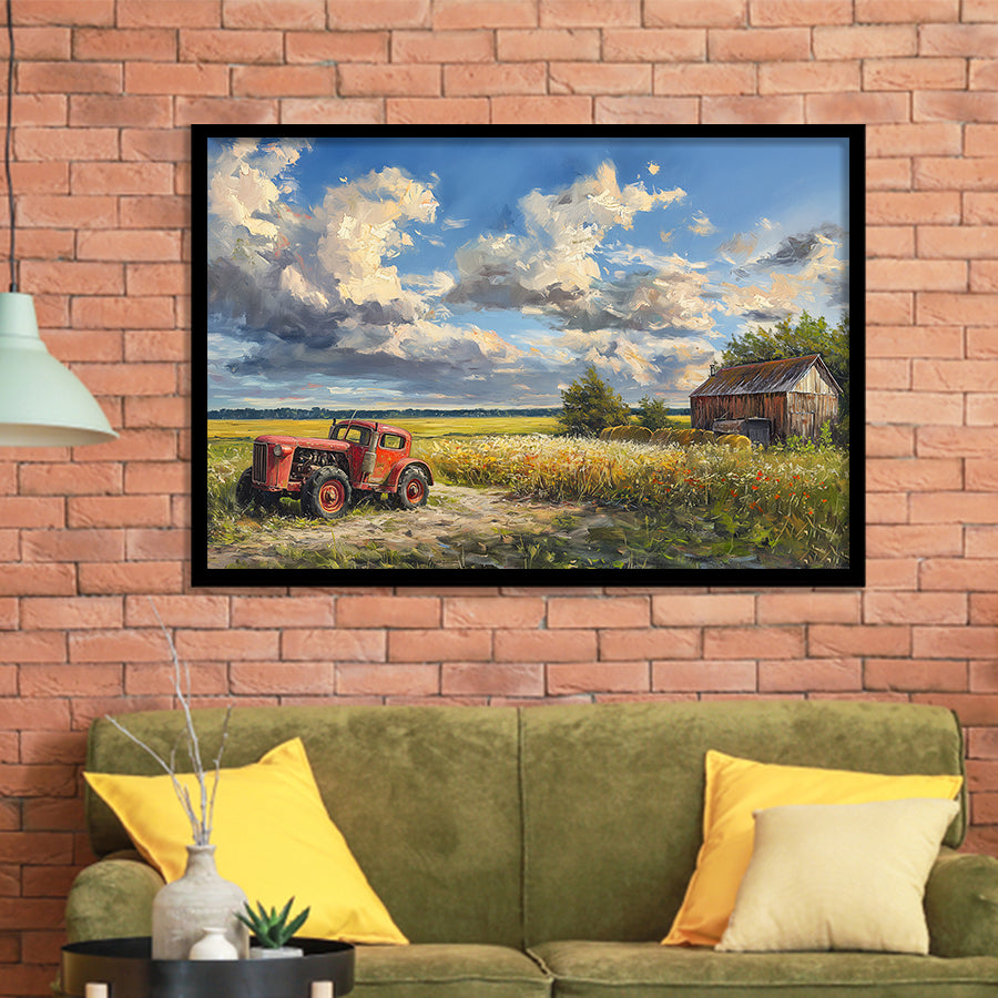 Oil Painting Clouds Over The Backyard And Old Tractor, Painting Art, Framed Art Print Wall Art Home Decor