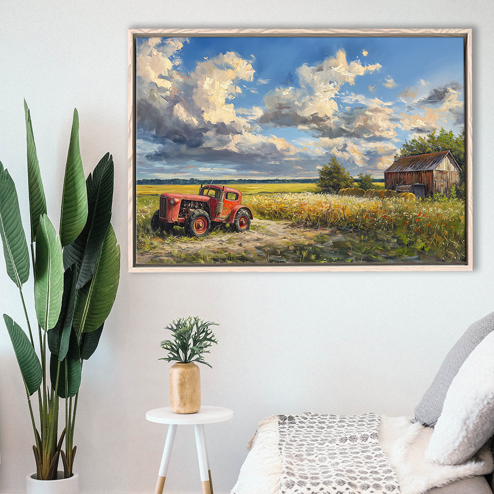 Oil Painting Clouds Over The Backyard And Old Tractor, Floating Frame, Framed Canvas Print Wall Art Home Decor
