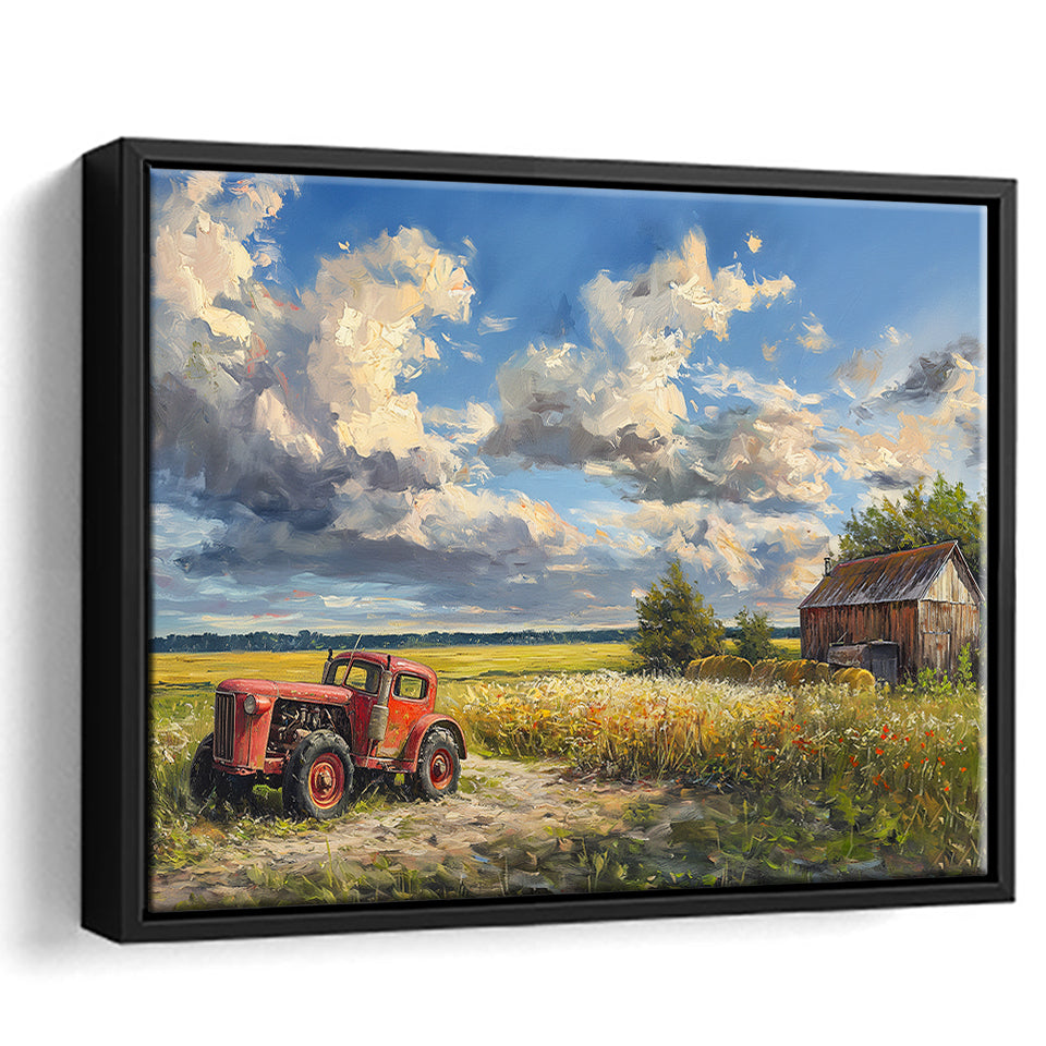 Oil Painting Clouds Over The Backyard And Old Tractor, Floating Frame, Framed Canvas Print Wall Art Home Decor