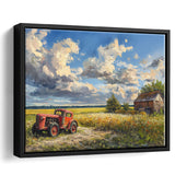 Oil Painting Clouds Over The Backyard And Old Tractor, Floating Frame, Framed Canvas Print Wall Art Home Decor