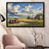 Oil Painting Clouds Over The Backyard And Old Tractor, Floating Frame, Framed Canvas Print Wall Art Home Decor